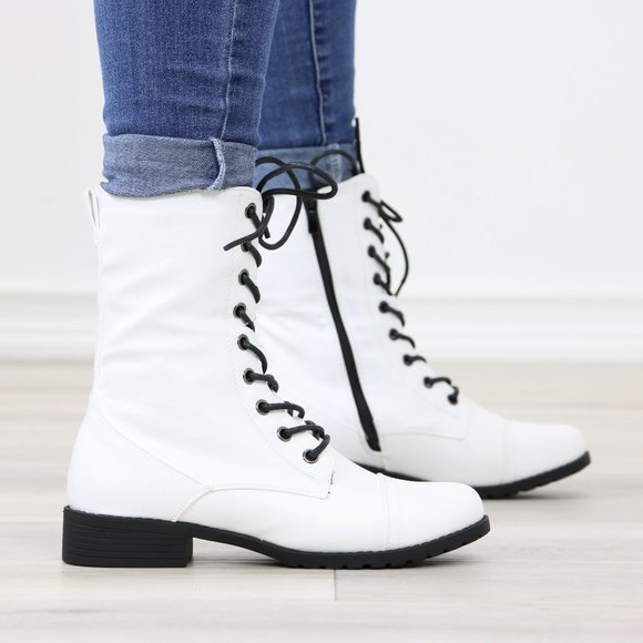 White Synthetic Leather Low Heel Round Toe Above Ankle Combat Boots - Picture 3 of 13